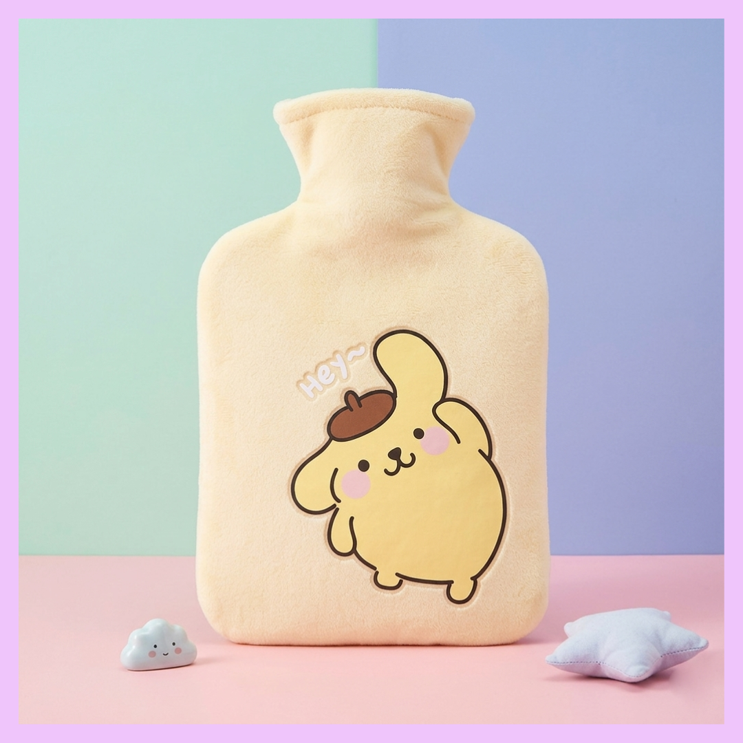 1000ml Pompompurin Sanrio plush hot water bag with yellow plush cover, kawaii hot water bottle for winter comfort, pain relief and gifting, shipping across India