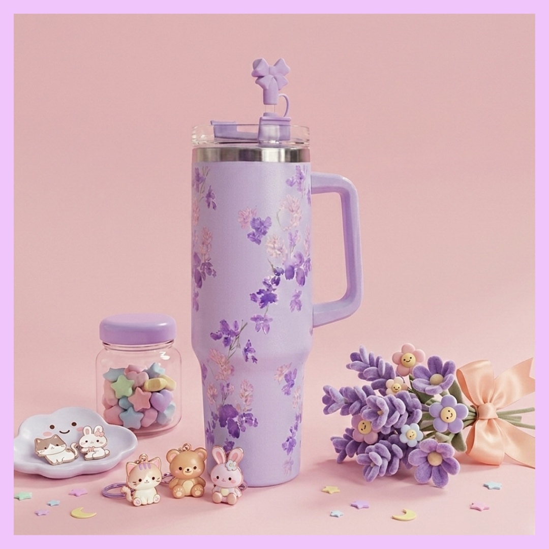 Flower Print Tumblers - with bow straw cap