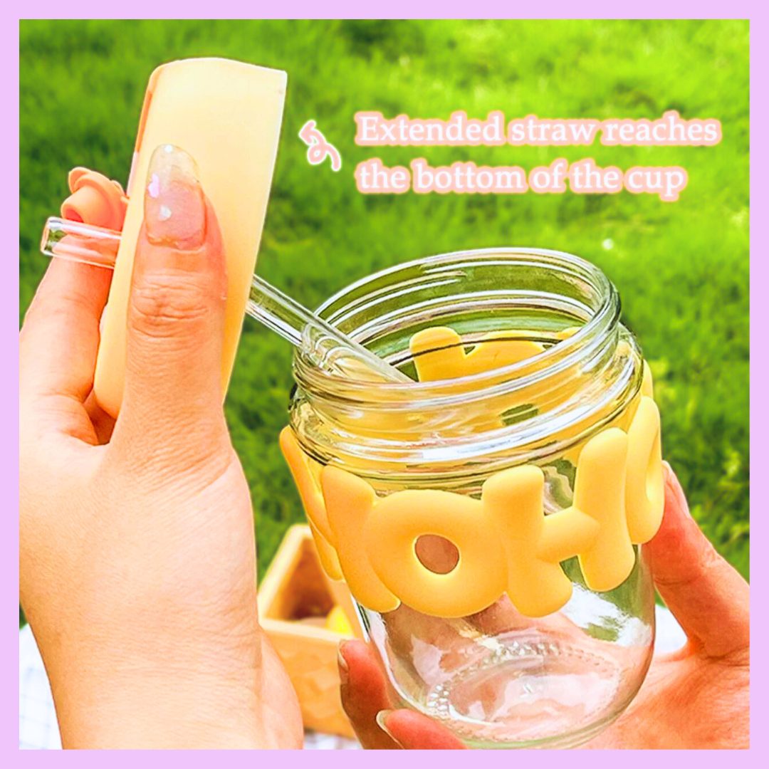 Glass Coffee Cup with Silicone Lid and Glass Straw