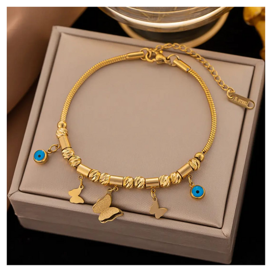 Anti Tarnish Bracelet - Butterfly and Evil eye charms
