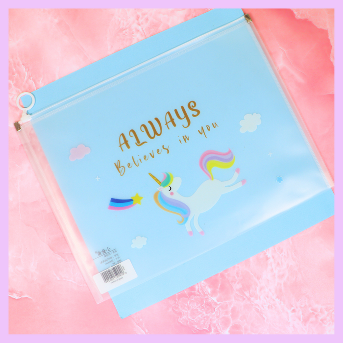 Transparent unicorn A4 folder with positive message