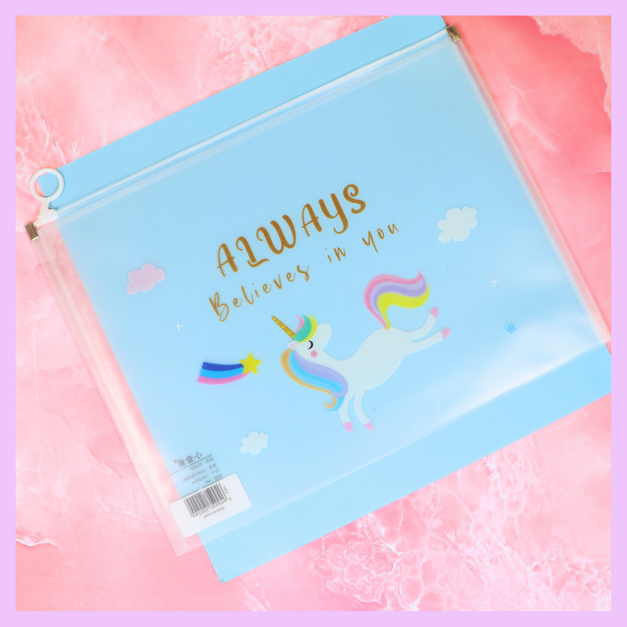 Transparent unicorn A4 folder with positive message