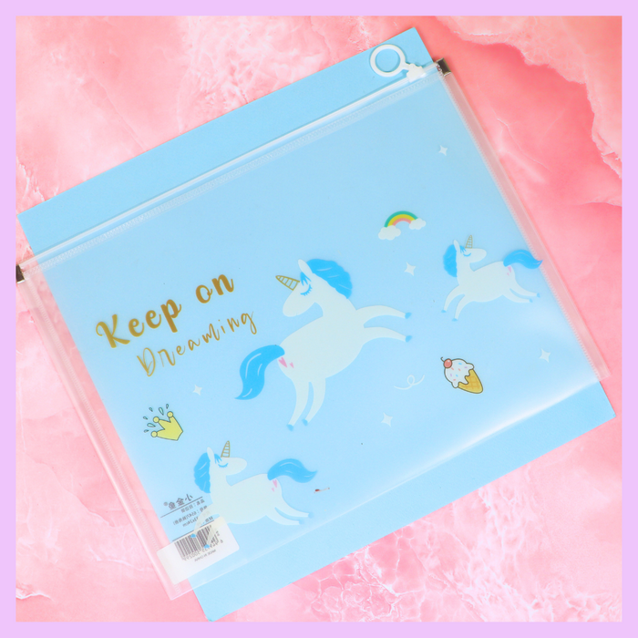 Transparent unicorn A4 folder with motivational design