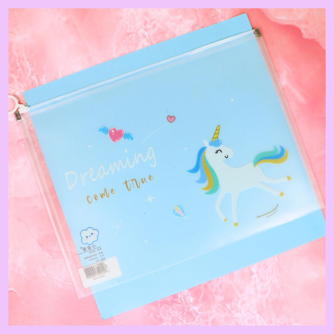 Transparent unicorn A4 document folder with cheerful design