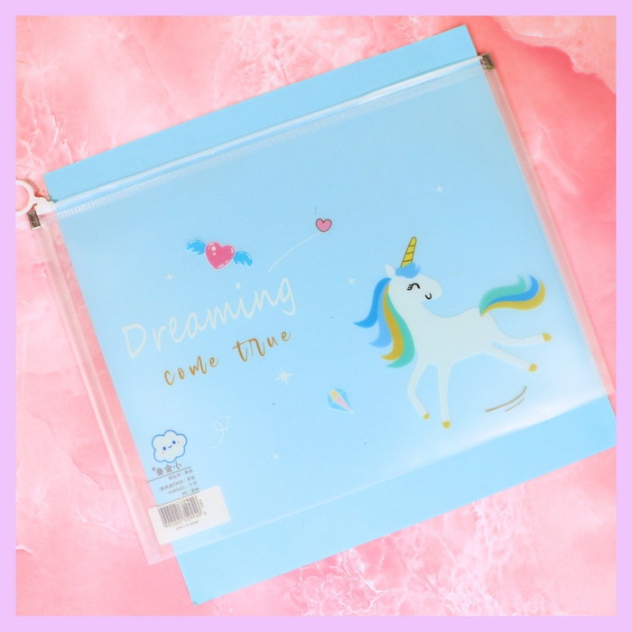 Transparent unicorn A4 document folder with cheerful design