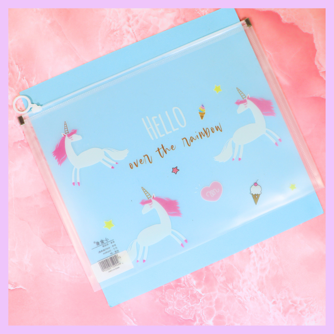 Transparent unicorn A4 folder with rainbow themed design