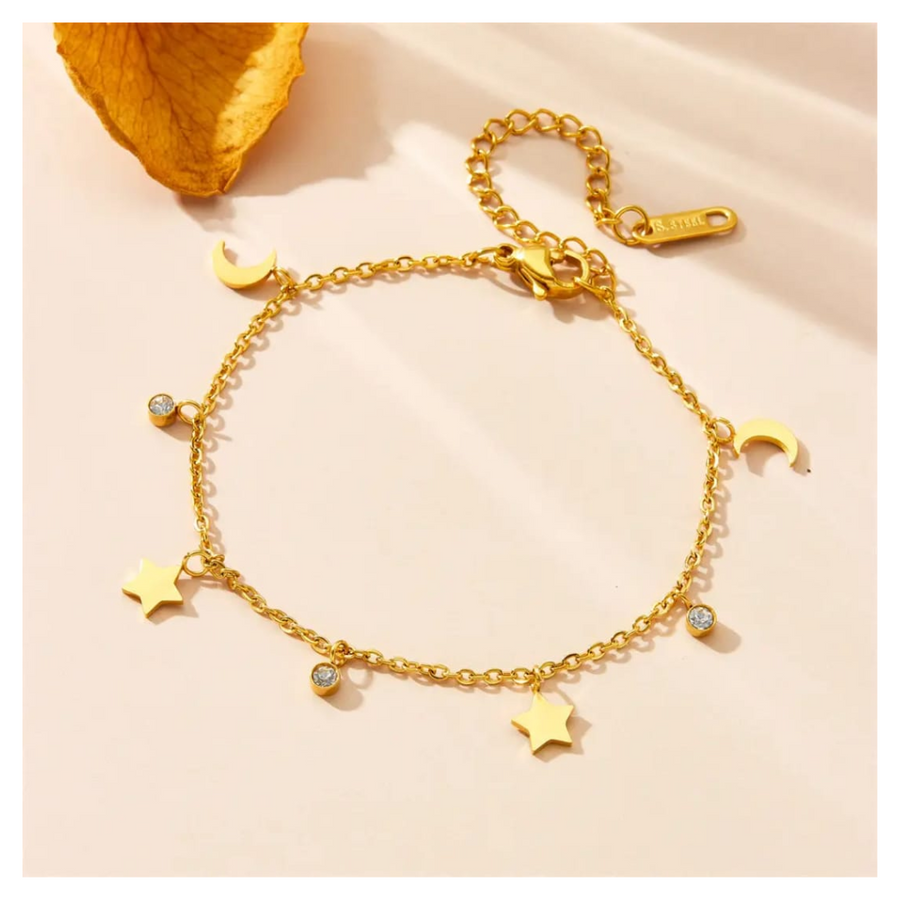 Moon and star charm anti tarnish bracelet