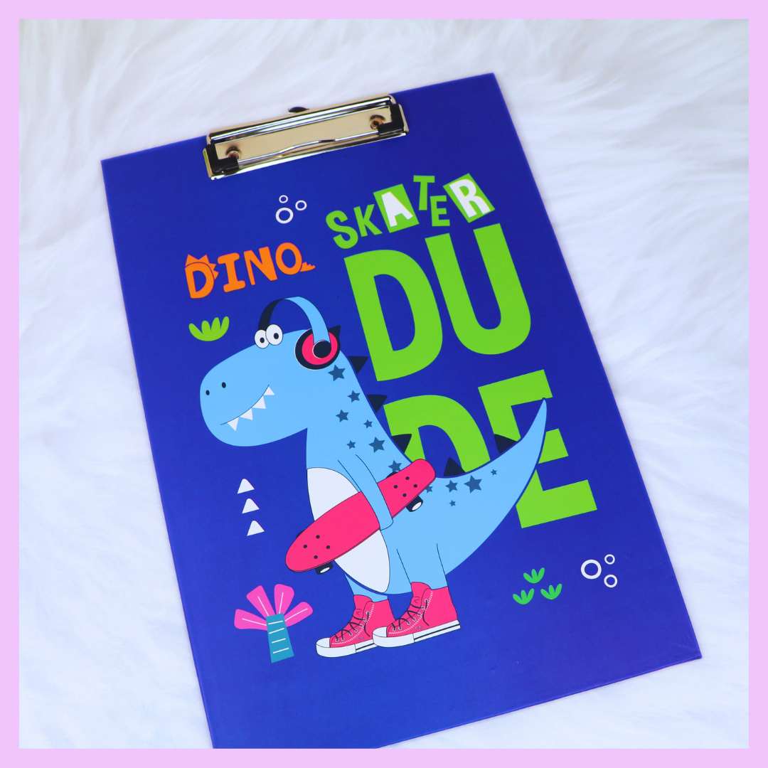 Blue dinosaur themed exam board for study and homework