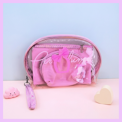 3-piece pink travel makeup bag set with transparent cosmetic organizer pouch mini coin purse and wrist strap