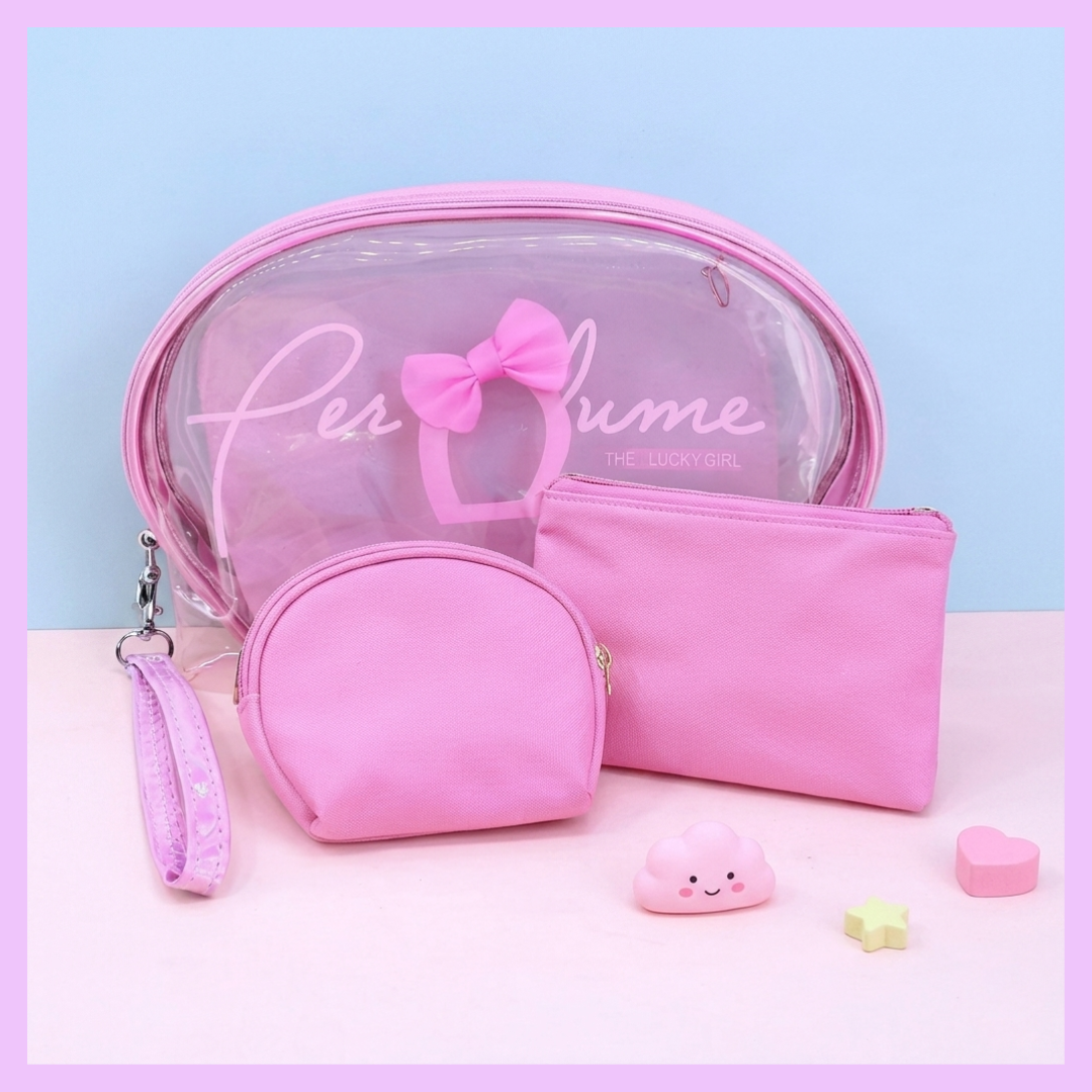 Cute pink cosmetic organizer set featuring transparent toiletry bag makeup pouch and mini zipper accessory case