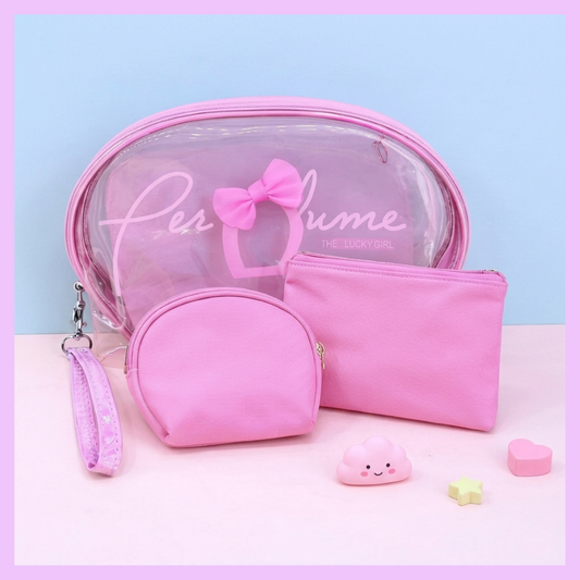 Cute pink cosmetic organizer set featuring transparent toiletry bag makeup pouch and mini zipper accessory case