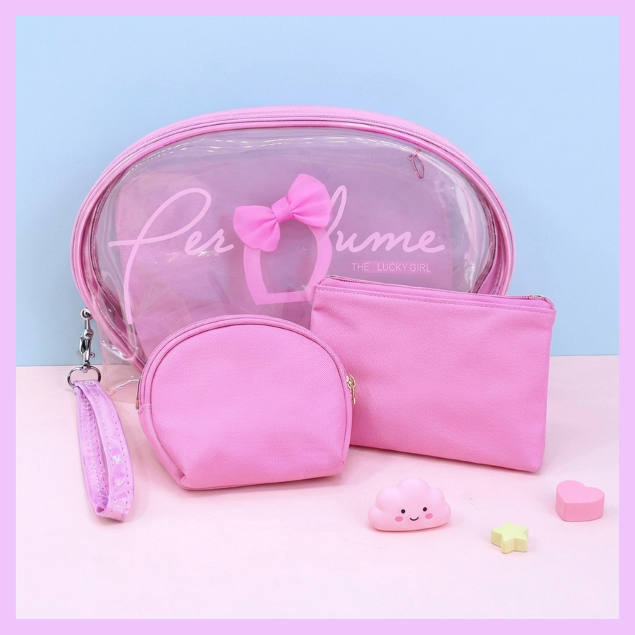 Cute pink cosmetic organizer set featuring transparent toiletry bag makeup pouch and mini zipper accessory case