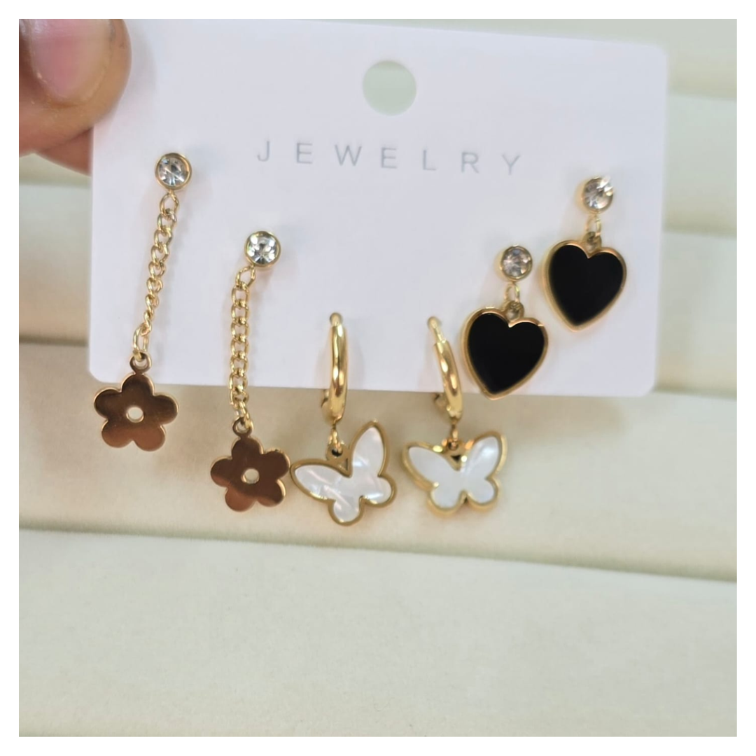 Anti Tarnish Earing Combo - Heart Flower Butterfly