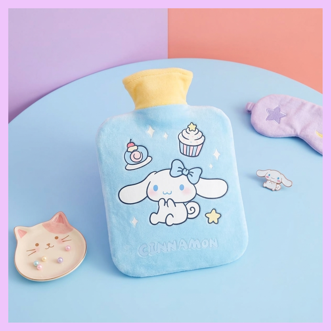 1000ml Cinnamoroll Sanrio plush hot water bag with soft blue cover, reusable heat therapy bottle for winter warmth, period pain relief and cozy comfort, shipping across India