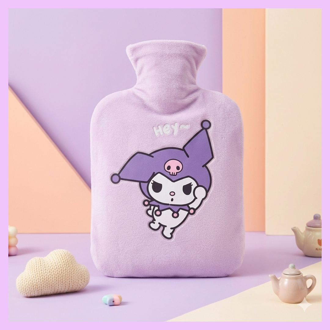 1000ml Kuromi Sanrio plush hot water bag with pastel purple plush cover, reusable hot water bottle for winter comfort, muscle pain relief and kawaii gifting, shipping across India
