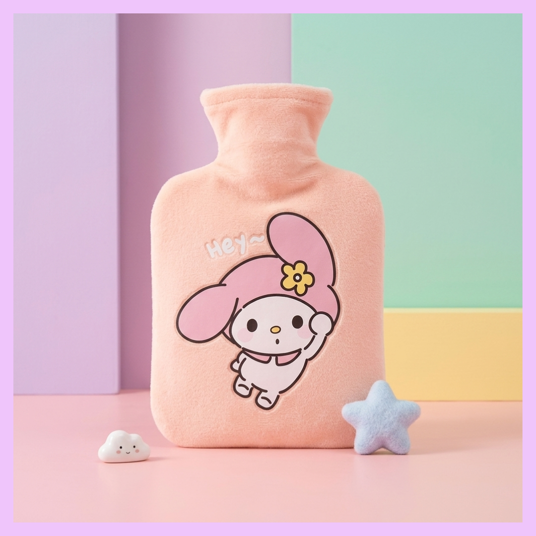 1000ml My Melody Sanrio plush hot water bag with soft pink cover, cute reusable heat therapy bottle for winter warmth, cramps relief and Sanrio gifts in India