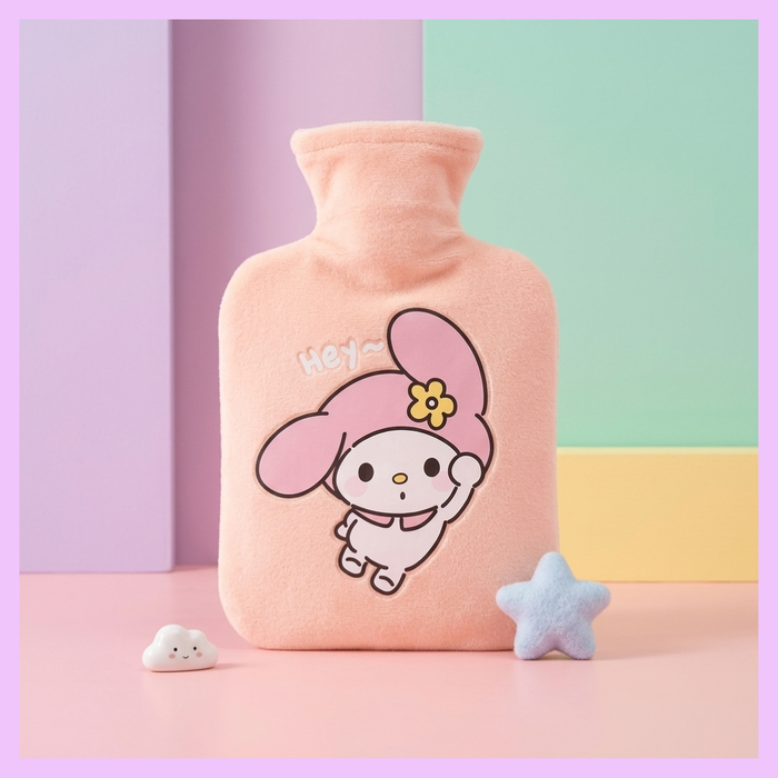 1000ml My Melody Sanrio plush hot water bag with soft pink cover, cute reusable heat therapy bottle for winter warmth, cramps relief and Sanrio gifts in India