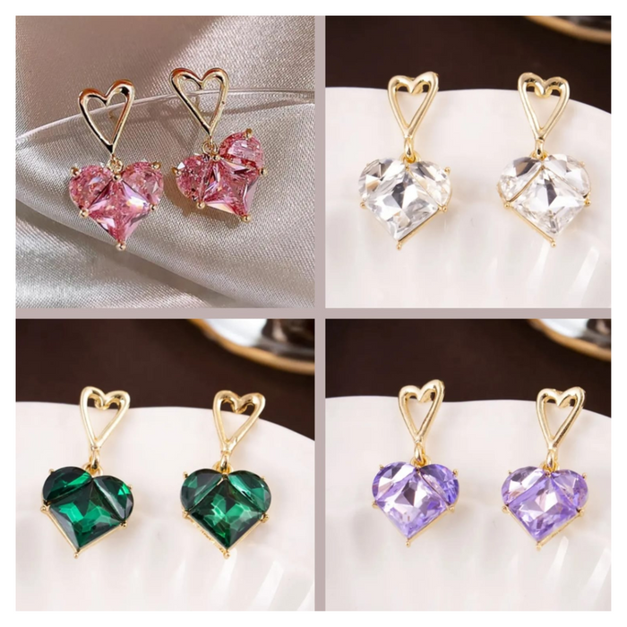 Heart Stone Earings_Emerald & Purple & Pink & Clear