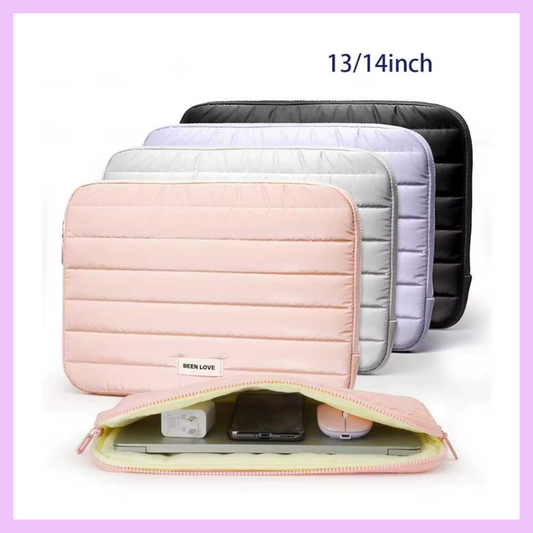 13-14 inch waterproof puffer laptop sleeve available in pink, purple, silver and black colors with padded shockproof protection