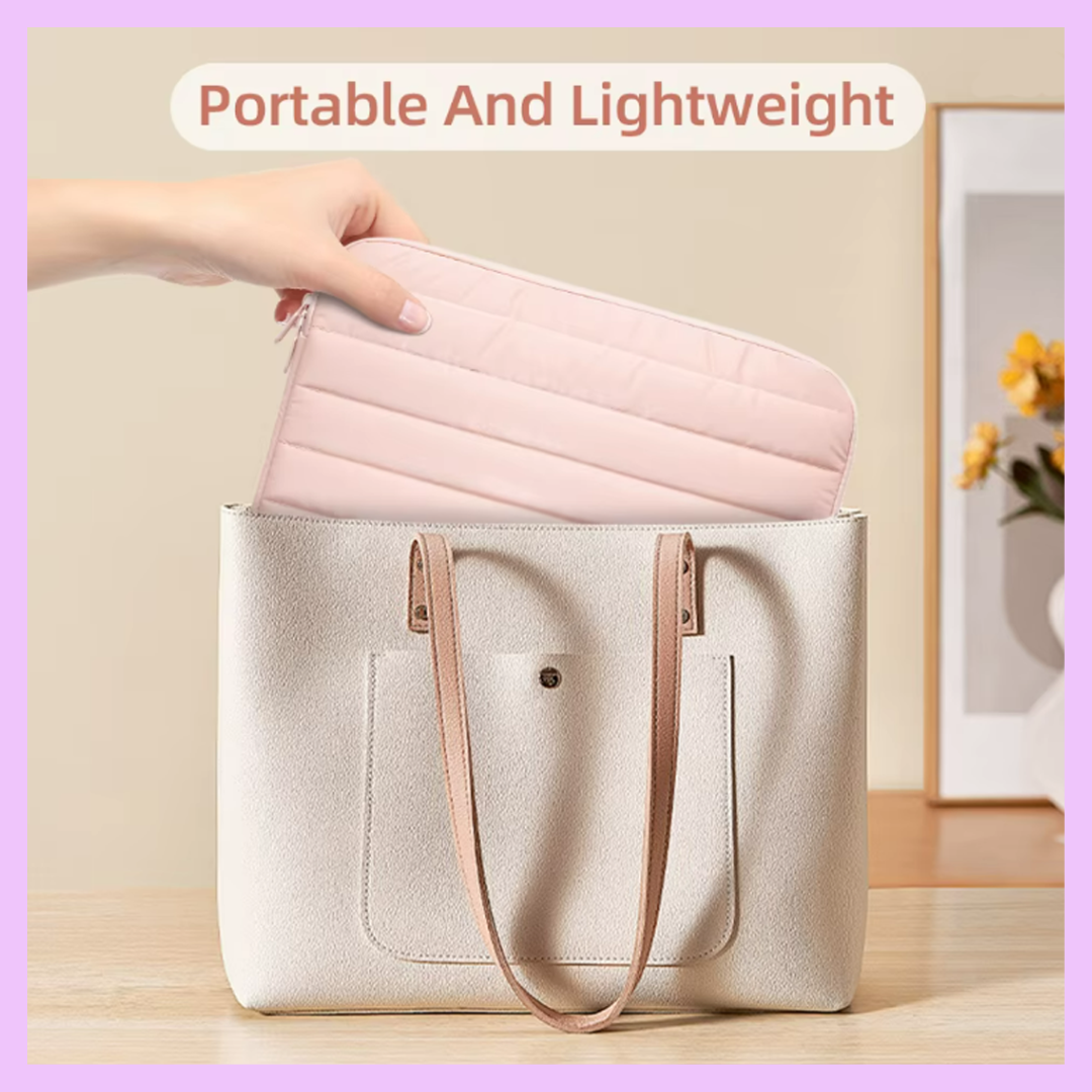 Pink quilted puffer laptop sleeve front back side profile views showing slim protective design