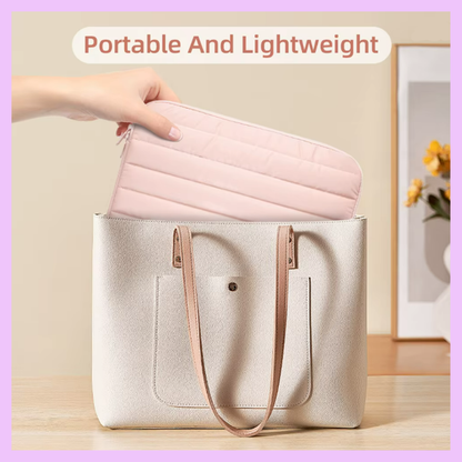 Pink quilted puffer laptop sleeve front back side profile views showing slim protective design