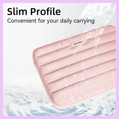 Laptop sleeve details showing dual zipper closure waterproof fabric soft flannel lining and premium stitching