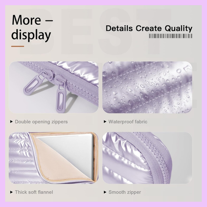 Laptop sleeve details showing dual zipper closure waterproof fabric soft flannel lining and premium stitching