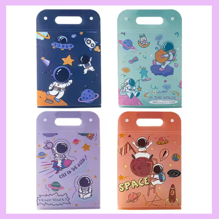 Space file folder with button lock and handle