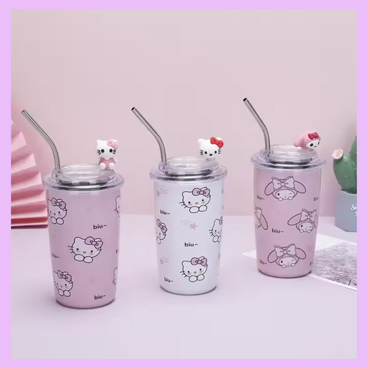 Sanrio theme 550Ml stainless steel cup/cofee mug with Straw Design 1
