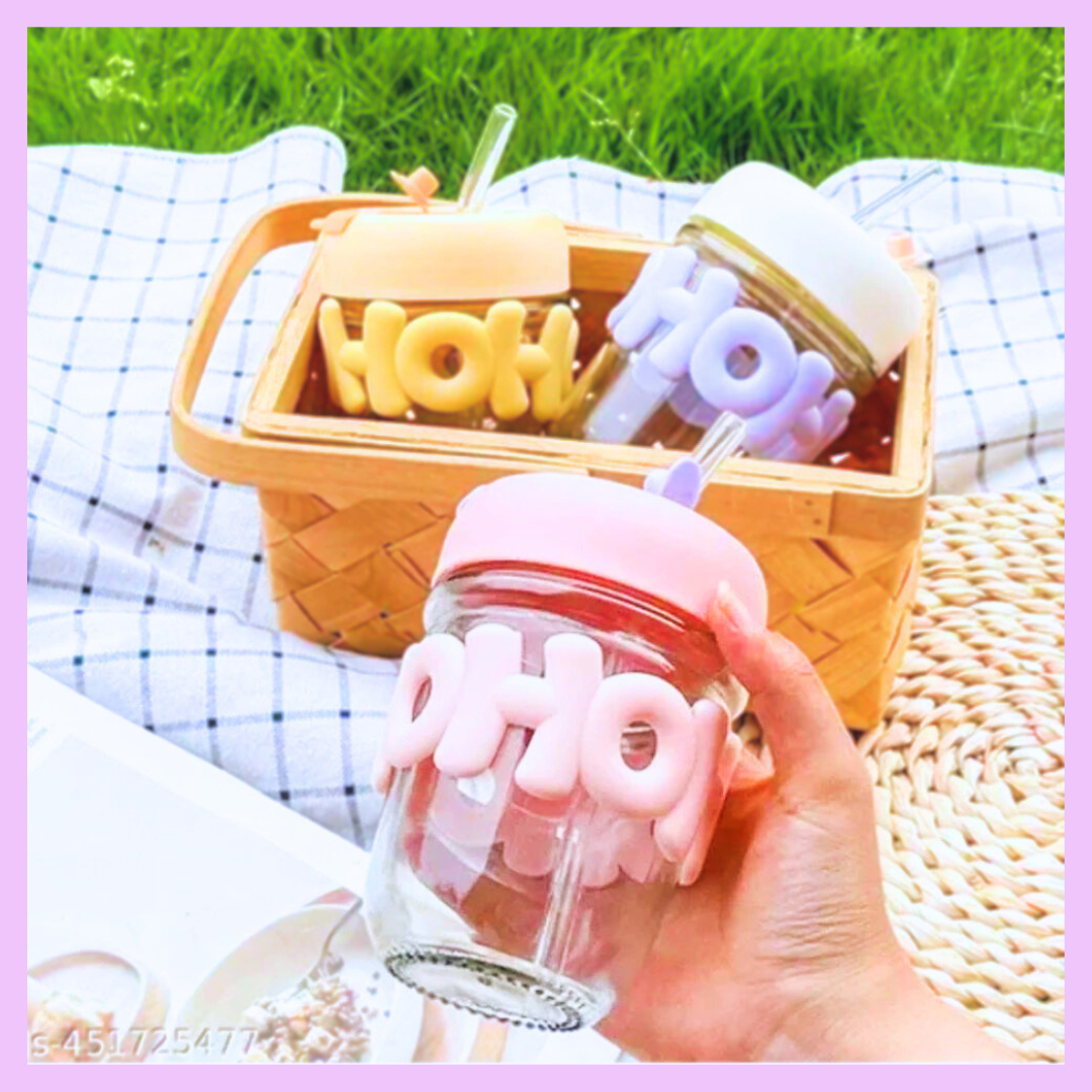 Glass coffee cup with silicone lid and glass straw in assorted colors