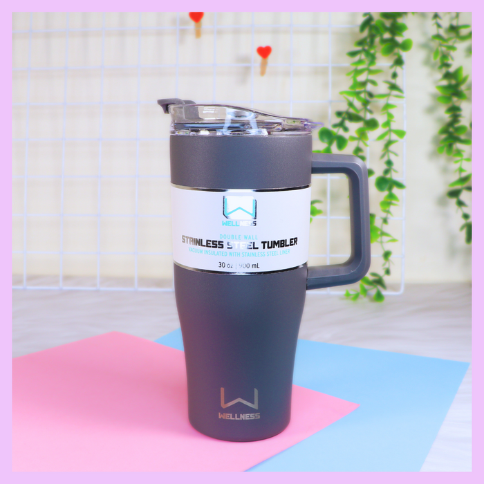 Gray 900 ml stainless steel tumbler with straw