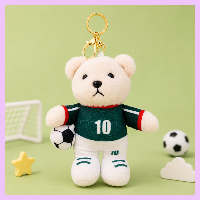 Teddy bear football plush keychain close-up
