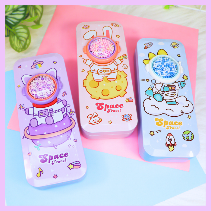 Space travel tin pencil case for school stationery