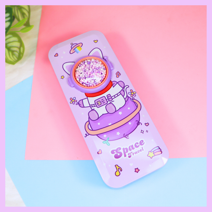 Space themed tin pencil case with astronaut design