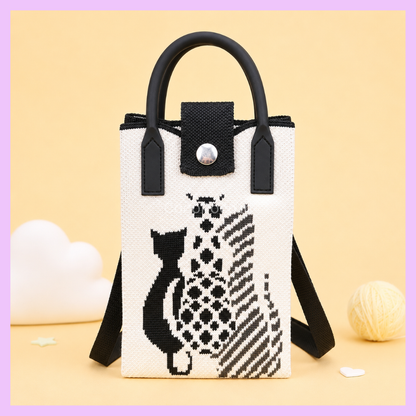 Black cat print Korean knitted mobile sling bag