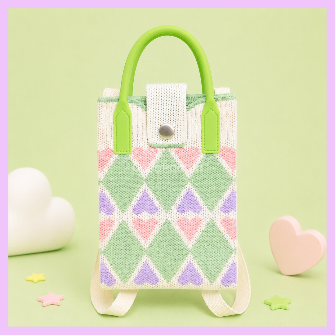 Pastel diamond pattern Korean knitted mobile sling bag with green handles