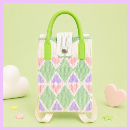 Pastel diamond pattern Korean knitted mobile sling bag with green handles