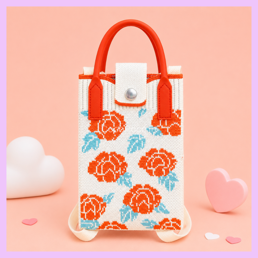 Floral print Korean knitted mobile sling bag with orange handles