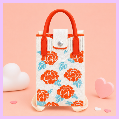Floral print Korean knitted mobile sling bag with orange handles