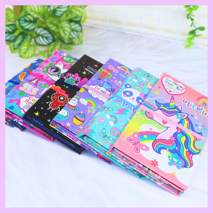 Assorted kids colouring book set with colour pencils and scratch book