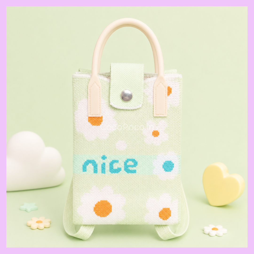 White daisy print Korean knitted mobile sling bag