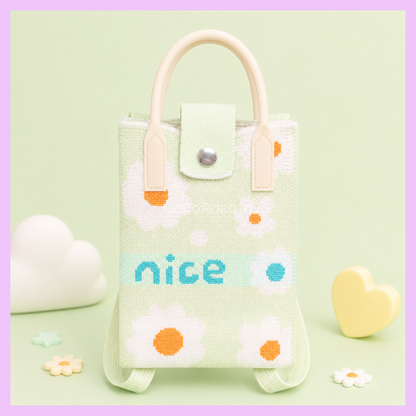 White daisy print Korean knitted mobile sling bag