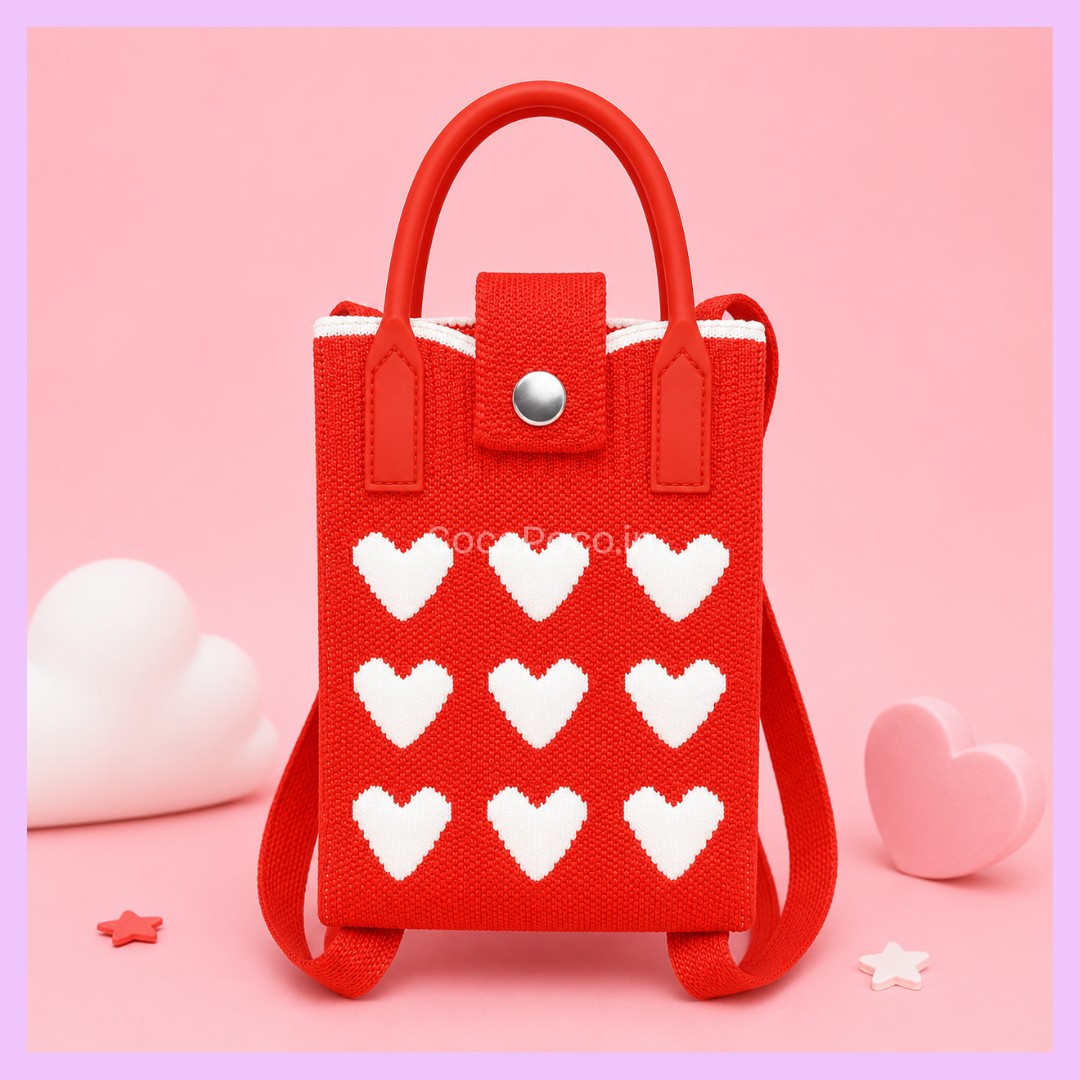 Red heart pattern Korean knitted mobile sling bag