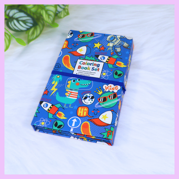 Dinosaur colouring book with colour pencils and scratch activity