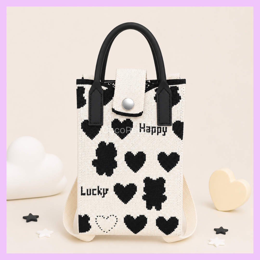 Black heart print Korean knitted mobile sling bag with black handles