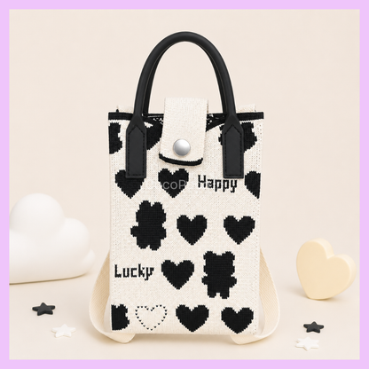 Black heart print Korean knitted mobile sling bag with black handles