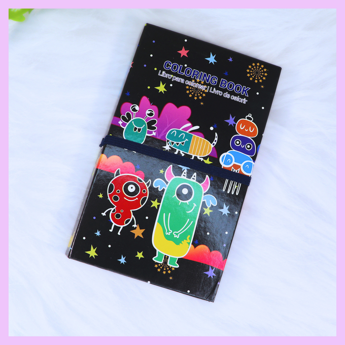 Cartoon colouring book with pencils and scratch book