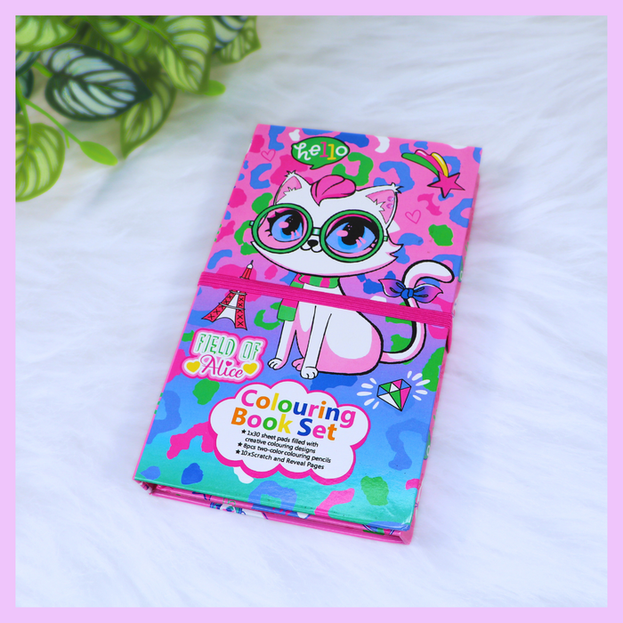 Cat themed colouring book with colour pencils