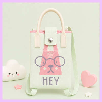 Cute bunny print Korean knitted mobile sling bag in cream and pink