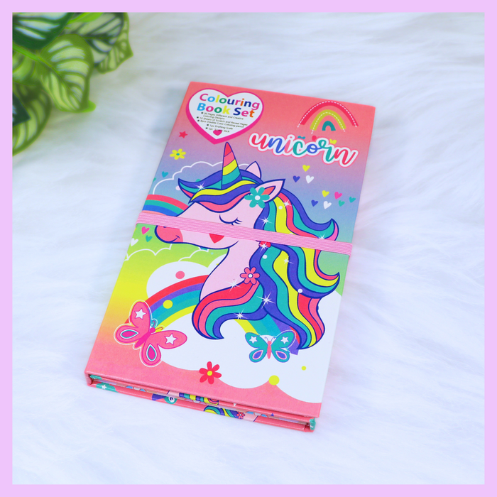 Unicorn colouring book with colour pencils and scratch activity